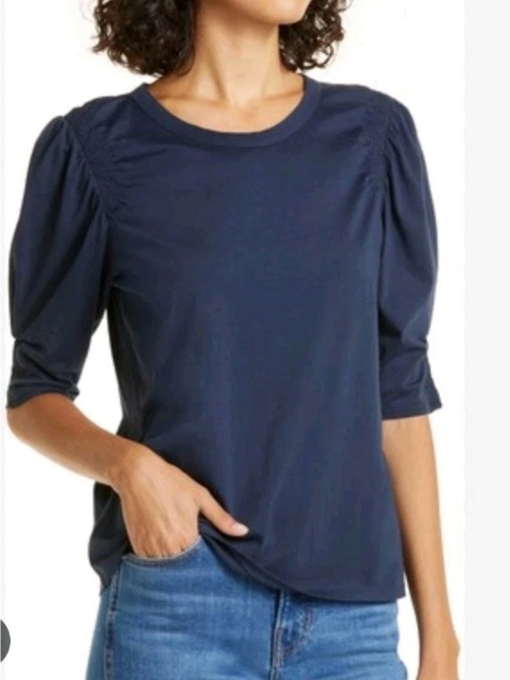 Veronica Beard Women’s Jessa Puff Sleeve Pima Cotton Knit Top Navy Size: XS